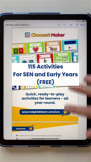 NEW ChooseIt Maker Share Code Borchure! For SEN and early learners our new ChooseIt Maker Share Codes Booklet is a free download with 115 ready-to-play activities. Celebrations, seasonal themes and all-year favourites, designed to support choice making, communication and engagement. Playable with switches, eye gaze, touch or mouse. Download free https://ccur.short.gy/9l248h #chooseitmaker #SEN #SEND #SpecialEducation #HelpKidzLearn #senco #specialeducationteacher #teachingresources #earlyyears #
