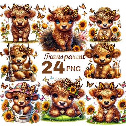 24 PNG Sunflower Highland Cows Clipart, Watercoler Spring Flowers, Baby Animal Cow Bundle, Commercial Use, Digital Download - Etsy