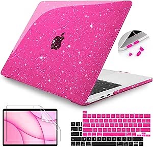 Teryeefi for MacBook Pro 13 inch Case M2 M1 A2338 A2251 A2289 A2159 A1989 A1708 A1706 (2016-2022 Release), Glitter Sparkly Plastic Hard Shell with Keyboard Cover & Screen Protector, Sparkly Pink