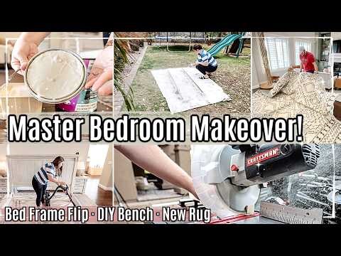 BUDGET BEDROOM MAKEOVER ep 1 :: Bed Frame Furniture Flip, $20 DIY Bed Bench + New Rug!!