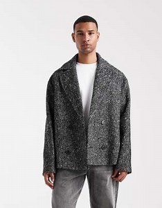 ASOS DESIGN wool look peacoat in black herringbone | ASOS