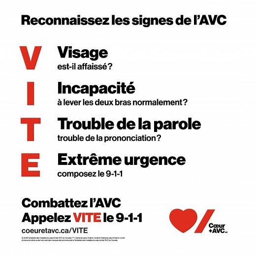 Un AVC peut survenir à n’importe quel âge. Reconnaître les signes de l’AVC et composer le 9-1-1 immédiatement peut être une question de vie ou de mort, et faire la différence entre un bon rétablissement et une incapacité de longue durée. Ensemble, faisons connaître les signes VITE de l’AVC. #CombattonslAVC #MoisDelAVC | Coeur AVC