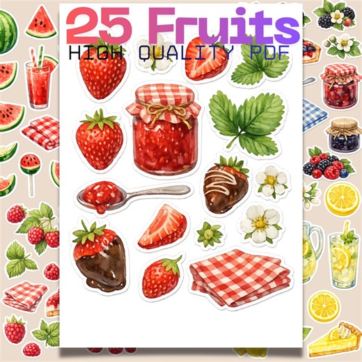 25 Fruit Stickers | Planner Stickers, Journal Stickers, Calendar, Scrapbook Stickers, Cozy Art, Illustration, Summer, Printable PDF Sheets - Etsy
