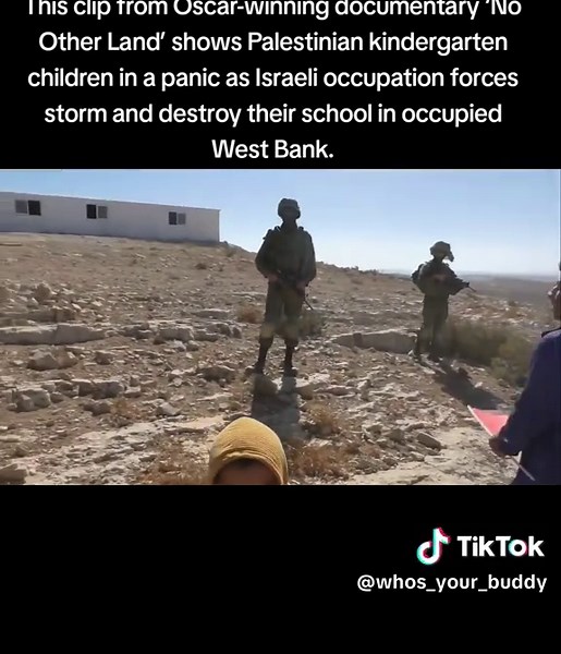 This clip from Oscar-winning documentary ‘No Other Land’ shows Palestinian kindergarten children in a panic as Israeli occupation forces storm and destroy their school in occupied West Bank. Obviously there was no excuse to do this. #gaza #inhumane #westbank #isreal #genocide