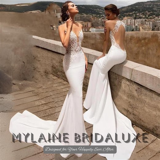 Custom Made Mermaid Wedding Dress, Plunge V Neck Lace Illusion Backless Bridal Gown With Chapel Train - Etsy