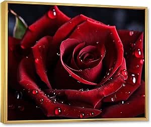 Floral framed wall Art, Rain-Kissed Red Rose I, Floral Large framed wall art decor, Red Modern Gold framed wall art, 32x16 inches Gold Frame