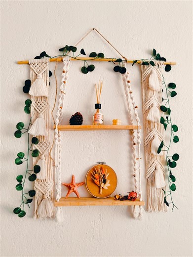 Tiered Macrame Shelf, Boho Wall Hanging, Natural Wood Decor - Etsy