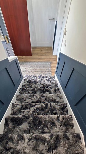 The Firenze Brushstrokes woven back carpet from Wilton Carpets works so well in the landing and stairs of our client's home. The carpet features a mix of dark grey, light grey and navy. Call in-store if you'd like to see it for yourself, we even have it on our demo stairs! | Moffett carpets & floors | Facebook