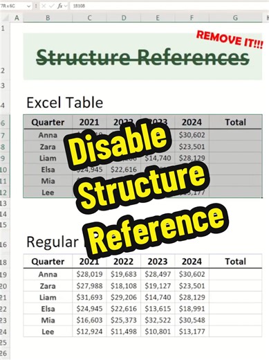 Disable Structured Reference in Excel Easily
