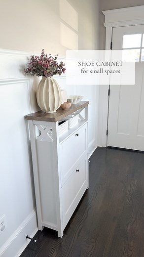 After a few weeks of living with these shoes all over our entry way, it felt so good to get them organized in this cabinet! Comment “shoe” and I’ll message you the link for this cabinet! It’s so narrow that it barely takes up any room and it holds so many shoes. I could definitely fit a couple more in here. I’m hoping to only store the shoes we are constantly using in this cabinet and then I’m planning to add more shoe storage in our garage since it’s right off the entry way. We will use that fo