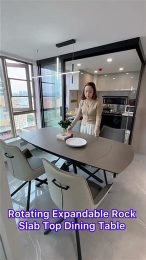 Rotating Expandable Rock Slab Top Dining Table Set