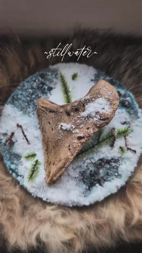 ~stillwater~ Four mini wall hangers featuring a cattle coffin bone, set in a watery diorama of one of the four seasons: Spring, Summer, Autumn/Fall, Winter. Each wooden plaque has a sawtooth hanger affixed to the back and measures 3.5