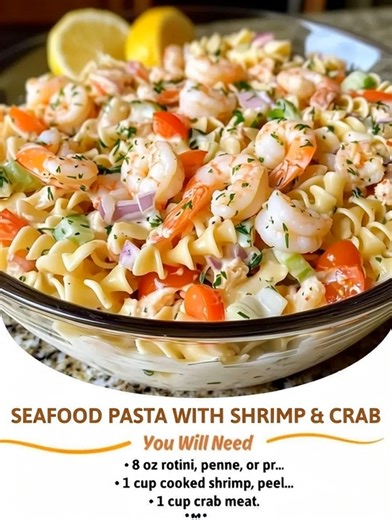 Seafood Pasta with Shrimp & Crab Ingredients: * 8 oz rotini, penne, or preferred pasta * 1 cup cooked shrimp, peeled and deveined * 1 cup crab meat * 1/2 cup chopped celery * 1/2 cup cherry tomatoes, halved * 1/4 cup diced red onion * 1/2 cup mayonnaise * 2 tbsp lemon juice | Easy Recipes