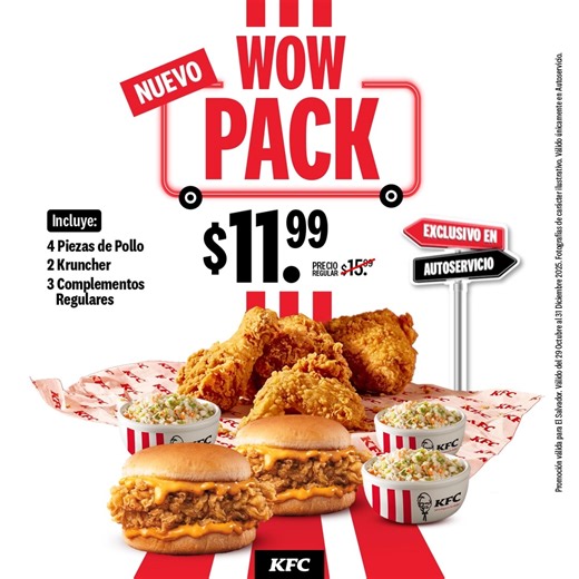 El plan es compartir el Nuevo WOW PACK con tus personas favoritas 🤩🍗 Llevate 4 piezas de pollo, 2 Kruncher y 3 complementos regulares por solo $11.99. ¡Compartí el sabor KFC! 😎 Valido solo en Autoservicio. | KFC