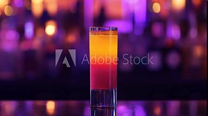 Colorful cocktail served in a tall glass with vibrant hues at a modern bar during nighttime
