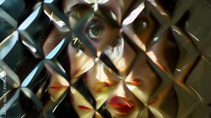 Captivating reflection of a woman's face through geometric patterns in an artistic exploration of identity and perception
