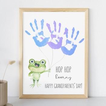 Hop Hop Hooray Grandparents Day Handprint Craft, Frog Balloon Handprint Art