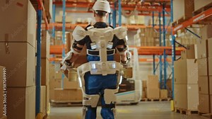 High-Tech Futuristic Warehouse: Worker Wearing Advanced Full Body Powered exoskeleton, Lifts and Walks with Heavy Pallet full of Cardboard Boxes. Delivery Exosuit amplifies strength. Following Shot