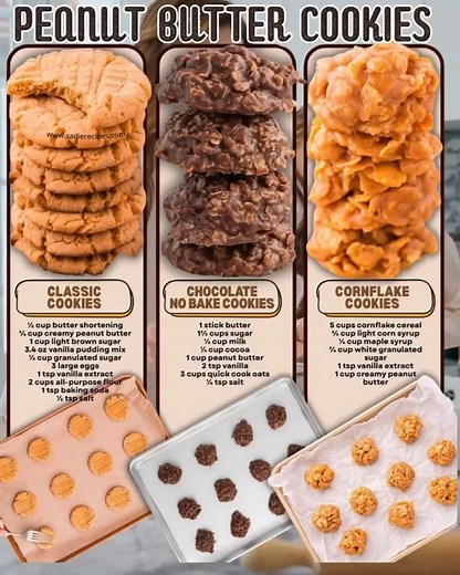 🍪 3 Quick & Easy Cookies in Under 30 Minutes! Because cravings wait for no one… 😍 Whether you’re short on time or just want something sweet and effortless, these treats are SUPER easy and family-approved! Perfect for busy moms, last-minute desserts, and late-night sweetness ✨ 1️⃣ Classic Peanut Butter Cookies 🥜 Soft, chewy, and full of peanut butter goodness! Ingredients: 1 cup peanut butter 1 cup granulated sugar 1 large egg Instructions: Preheat oven to 350°F (175°C) and line a baking sheet