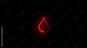 Water drop red color neon glowing icon, Blood drop animated on black background red blood drop loop motion graphics video transparent background alpha channel graphics video