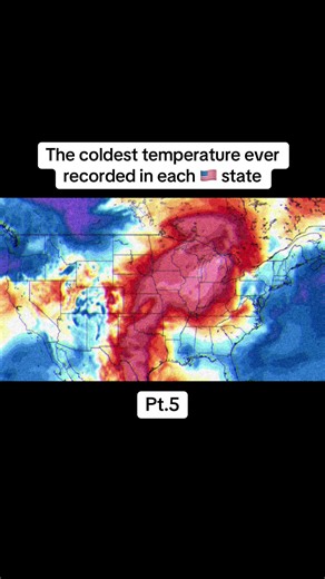 Here are the coldest temperatures ever recorded in these states: • Iowa: –47°F • South Dakota: –58°F • Nebraska: –47°F • Kansas: –40°F • Arkansas: –29°F • Mississippi: –19°F • Louisiana: –16°F What states should I do next? ❄️👇 West Coast? Southwest? Gulf Coast? #temperature #cold #usa🇺🇸 #coldweather #History