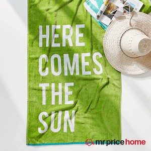 Here comes the sun. 🌞🌊🌴 Shop our slogan beach towels in-stores and online now. Shop Now: https://bit.ly/3BbtNLG #mrpricehome Ps. Get FREE CLICK COLLECT ECONOMY delivery on orders of R650 or more! T’s and C’s Apply. | Mr Price Home