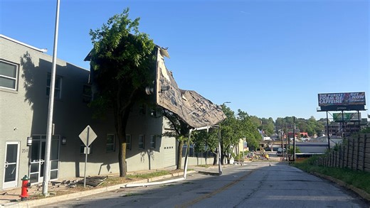 Building roof blown over, hangs over street in Kansas City’s Westside South community