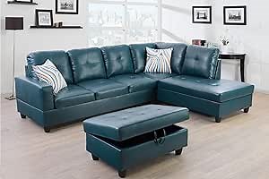 Leather Sectional Couch for Living Room Set,Sectional Sofa L Shape Couch with Storage Ottoman/Peacock Blue Faux Leather/Facing Right Chaise