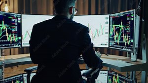 Expert trader analyzes market trends using multiple screens and technical charts in a modern office setting