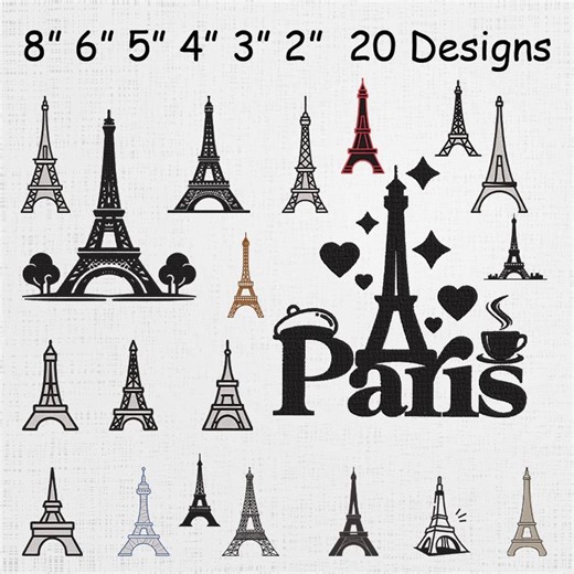 Paris Eiffel Embroidery Design Bundle - Eiffel Tower Machine Embroidery Files - France Travel Embroidery Pattern - 20 Designs Set - Etsy
