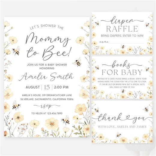 Bee Baby Shower Invitation Bundle | Mommy to Bee Baby Shower Invite Set | Honey Bee Baby Shower Pack | Floral Bee Baby Shower Invite | SB11 - Etsy