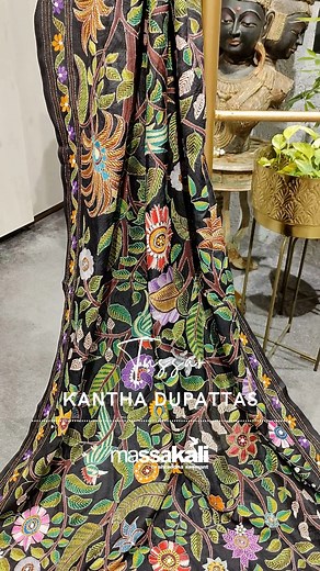 Kantha Work Tussar Dupattas This morning, we’ve curated a stunning collection of tussar dupattas with exquisite kantha work. Ideal to go with solid-colored suits, these dupattas have an air of elegance and luxury. Perfect for formal evenings and work. . To order WhatsApp on 91 9930554497 or 91 9321298817. We ship worldwide. . Visit our flagship store : Massakali Sarees, Hill Road, Bandra(W), Mumbai . #bandhej #bandhejdupattas #dupattas #silkdupattas#kaftans #craftsofgujarat #massakalisarees #sho
