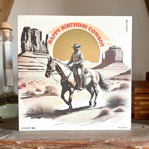 Handmade Happy Birthday Cowboy Card - off White & Gold - Etsy