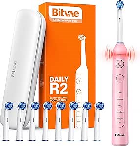 Bitvae R2 Rotating Electric Toothbrush for Adults with 8 Brush Heads, 5 Modes Rechargeable Power Toothbrush with Pressure Sensor, Pink