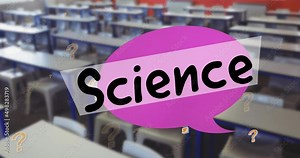 Animation of science text with question marks over empty classroom Stock Video