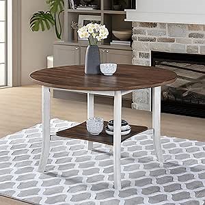 Round Dining Table for 4-6 with Storage Shelf, Solid Wood Base, Two Tone Design - Ideal Round Kitchen Table for New House Owners, Medium to Large Dining Spaces