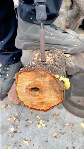 Hollowing out a log section with a chisel to prepare a wooden component