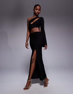 Kaiia Exclusive double layered slinky side slit maxi skirt in black - part of a set | ASOS