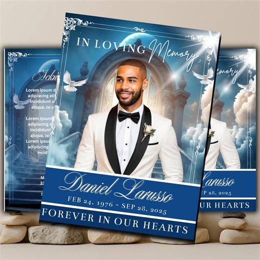 Elegant Navy Blue Gold Funeral Program Template, 8-page Memorial Booklet (canva Editable Design) - Etsy