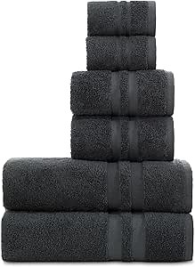 Premium 6 Piece Towel Set, 2 Bath Towel, 2 Hand Towels, 2 Washcloths, 100% Turkish Cotton Soft Absorbent Towels (Dark Grey, 6 Piece Towel Set)