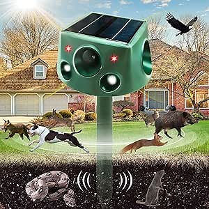 Ultrasonic Solar Animal Repeller for Yard, 3 Modes Outdoor Cat Squirrel Repellent with Motion Sensor & Flashing Light, 360° Animals Deterrent for Squirrel Bird Deer Cat Skunk Dog for Yard Garden