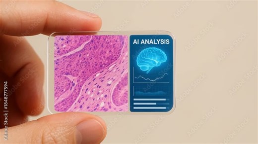 ai radiology analysis concept. AI analysis card with tissue sample and brain graphic in hand.