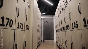 Walking inside dressing rooms of professional modern gym club. Locker cabins. Changing room. Fitness center or water park interior cloakroom