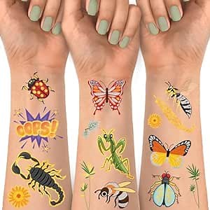 Insect Temporary Tattoos, 140 Glitter Styles Bees Spiders Beetles Ladybug Dragonfly Butterflies Bug Birthday Party Supplies Arts and Crafts