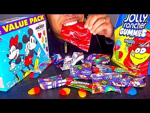 ASMR EATING CANDY NO TALKING MUKBANG JERRY FOOD TREATS PARTY AIRHEADS,DISNEY,FRUITSNACKS,FRUITROLLUP