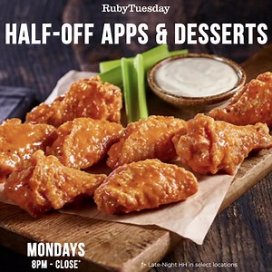 Monday Deals 🔥 $10.99 6 oz Rib Eye with a baked potato -$17.99 Rib Eye & Ribs Combo - $10.99 Stuffed Rib Eye Quesadilla. 1/2 off Apps and Deserts after 8 pm | Ruby Tuesday