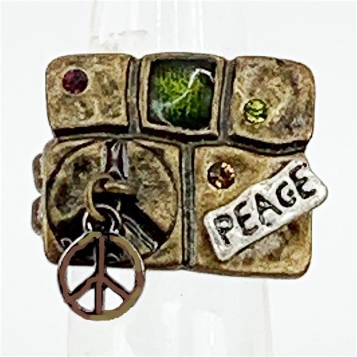 Vintage Peace Sign Patchwork Stretch Ring Bronze Color- Gift Box - Etsy