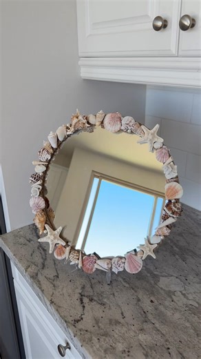 DIY Shell Mirror using a Hobby Lobby Rope Mirror 🌊🐚 #CoastalDecor #ShellMirror #SummerDIY