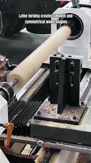 Wood turning process on lathe shaping cylindrical form precisely