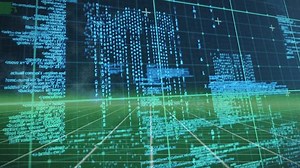 Animation of data processing over green grid network against blue background. Computer interface and business technology concept
